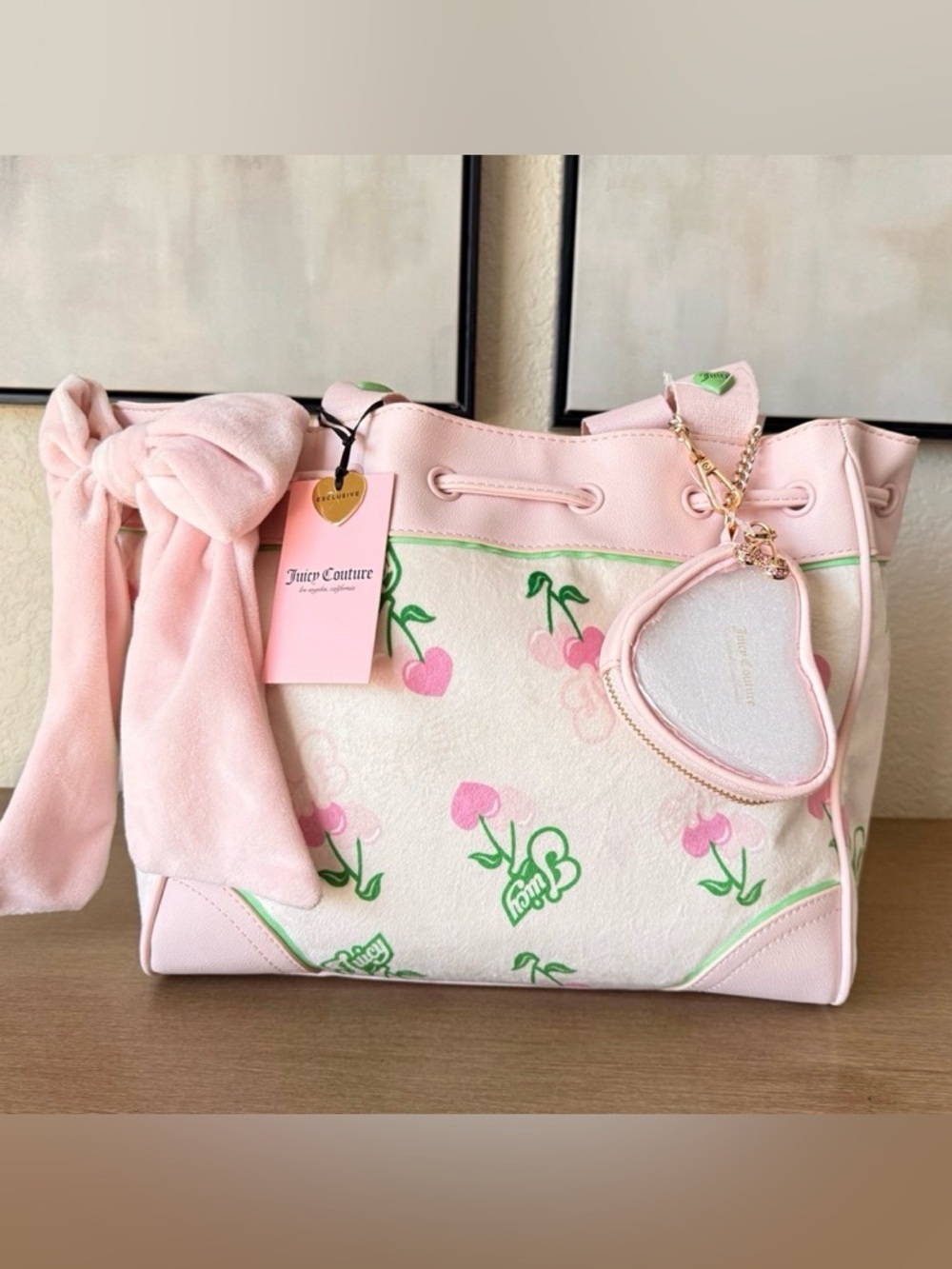 Juicy Couture Pink Cherry Gelato Daydreamer Tote Bag with Heart Coin Pouch